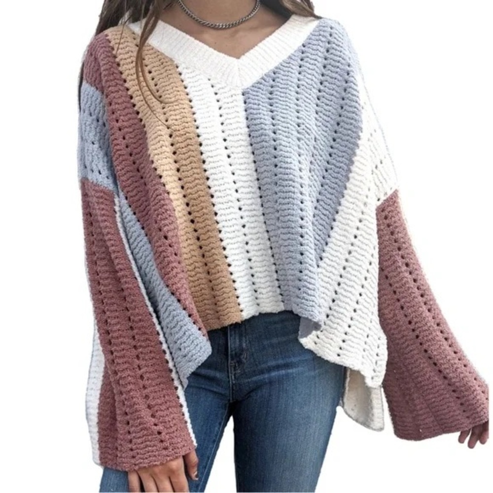 POL Chunky Knit Chenille Striped Oversized V Neck Sweater Size Small